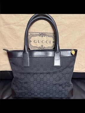 Gucci Black GG Monogram Canvas Tote with Leather Trim and Dusty